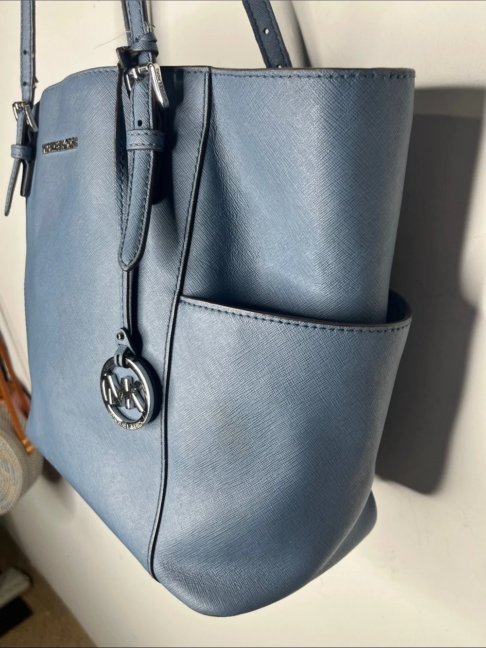 Michael Kors Jet Set Saffiano leather tote bag with silver-tone hardware.